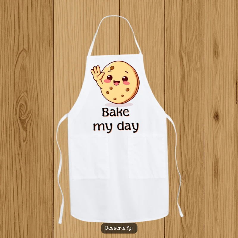 Funny apron showcasing a happy cookie character in a cooking theme, cheerfully waving, perfect for a delightful kitchen.