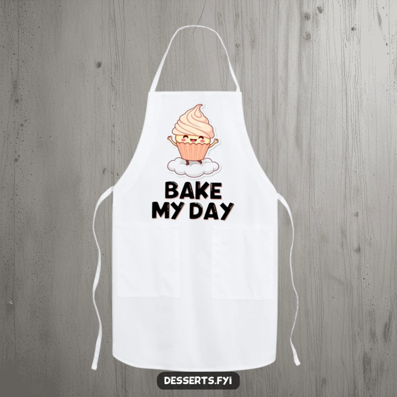 Funny Apron: A smiling cupcake character dances joyfully on a whipped cream cloud, perfect for sweet and humorous baking.