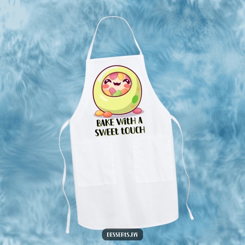 Funny jelly bean apron featuring a happy, rolling jelly bean character, perfect for adding a humorous and playful touch to kitchen activities.