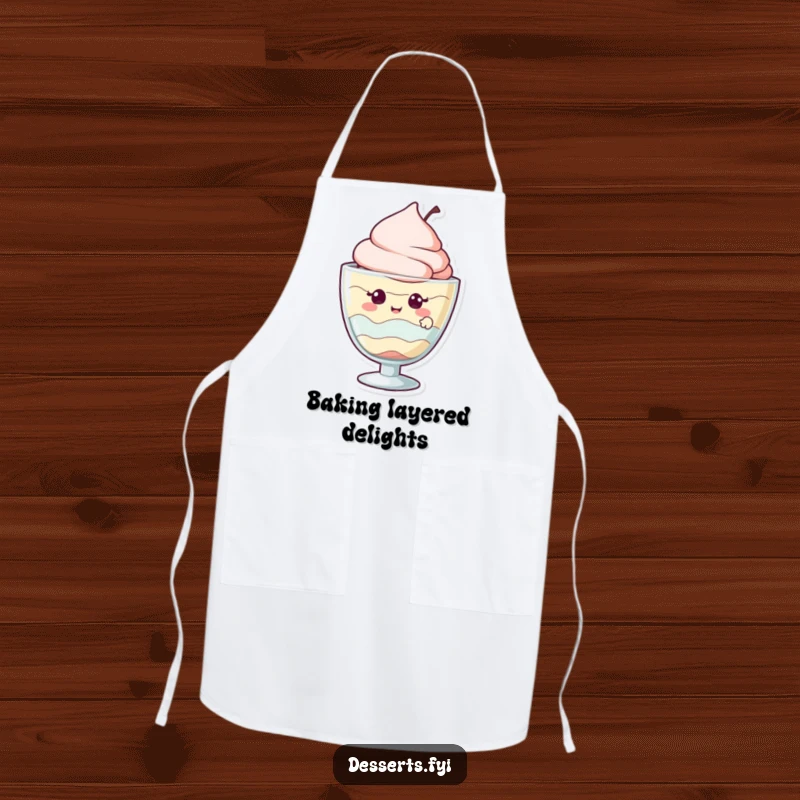 Funny apron showing a giggling parfait character peeking out from its glass, perfect for sweet baking sessions.
