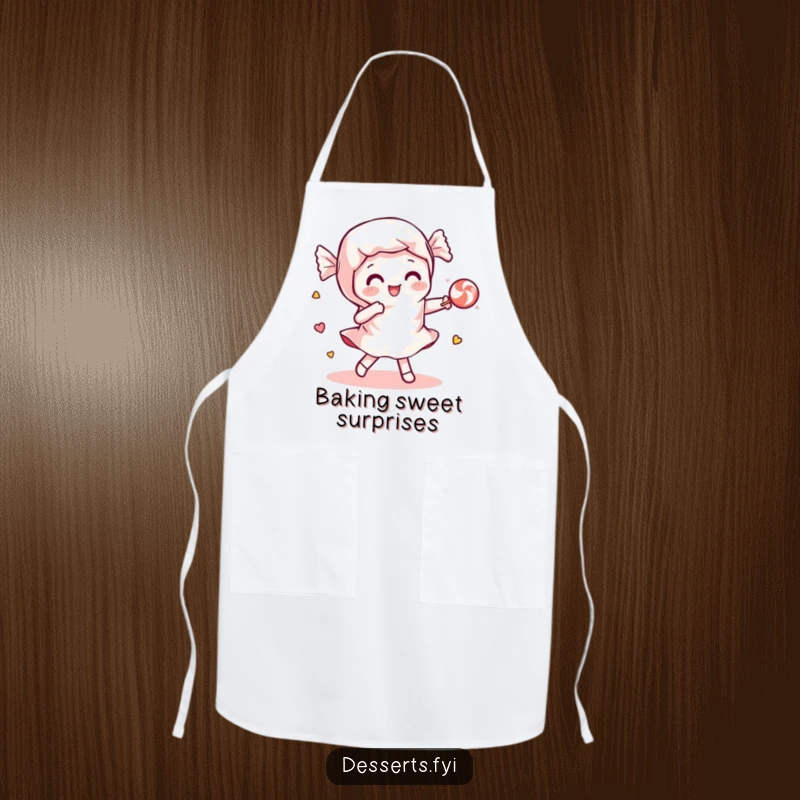 Funny apron depicting a playful candy wrapper dancing with a piece of candy, perfect for sweet cooking and kitchen fun.
