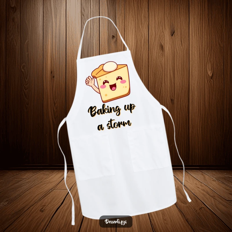 Funny pie slice apron featuring a happy pie character waving, perfect for adding a humorous and cheerful touch to culinary activities.