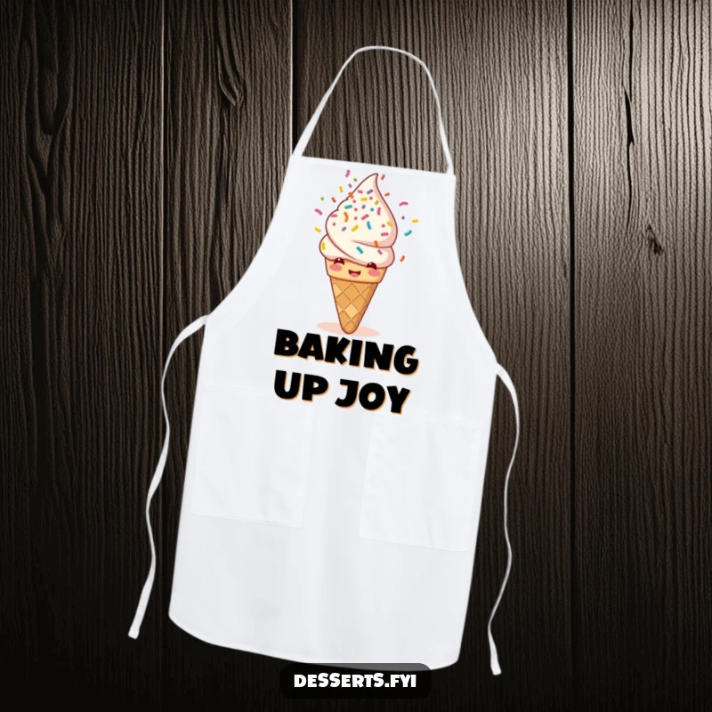 Funny apron featuring a giggling ice cream cone showering itself with rainbow sprinkles, adding a fun and sweet touch to cooking or baking.