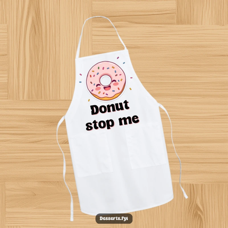 Funny apron with a happy donut character scattering sprinkles, ideal for kitchen use and adding joyful flair.