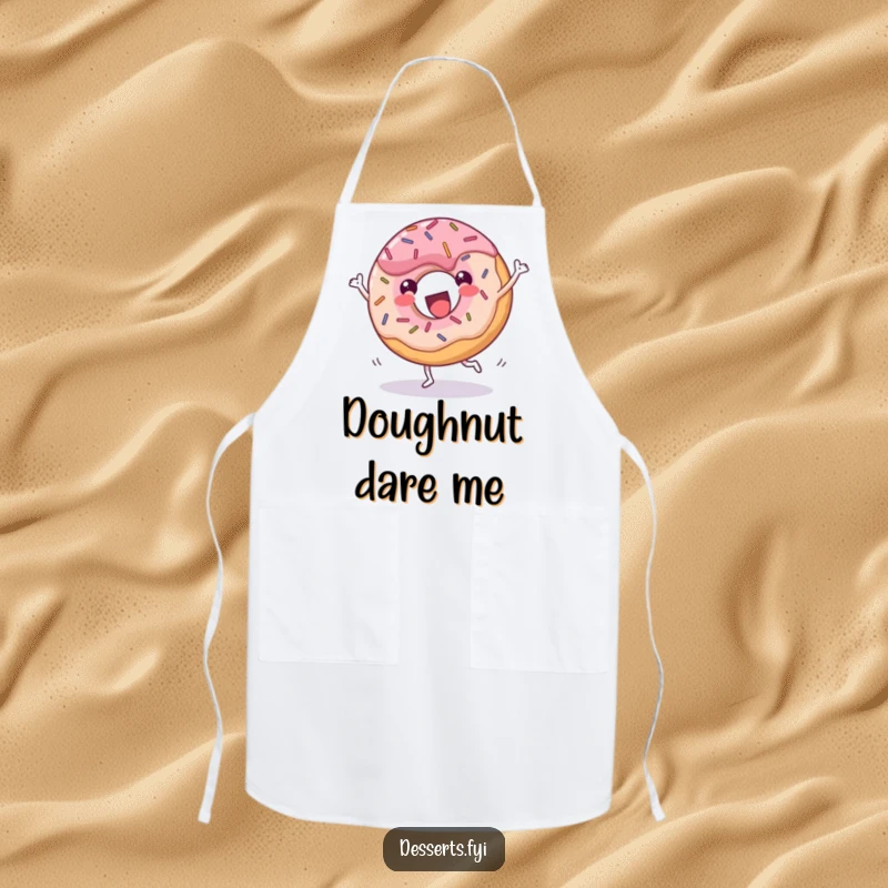 Funny donut apron, a cheerful dessert with sprinkles doing a joyful cartwheel with glee, ideal for kitchen tasks with a humorous sweet theme.