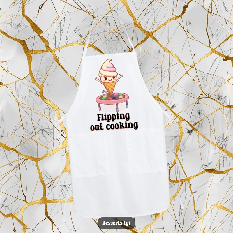 Funny playful ice cream cone character bouncing on a jelly bean trampoline on a kitchen apron, a humorous and energetic cooking companion.