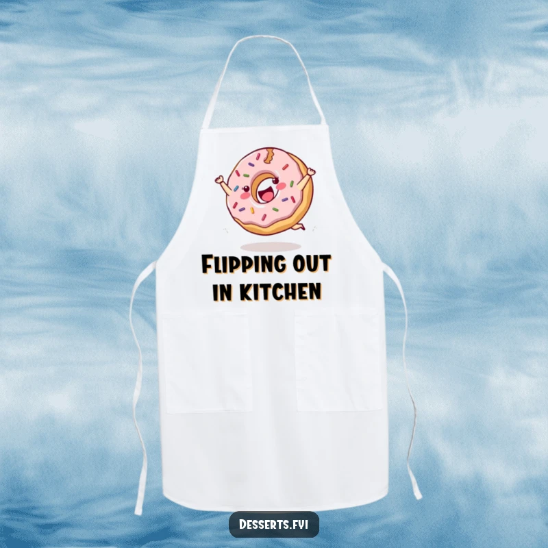 Funny apron showing a cheerful donut with sprinkles doing a joyful cartwheel, perfect for humorous baking.