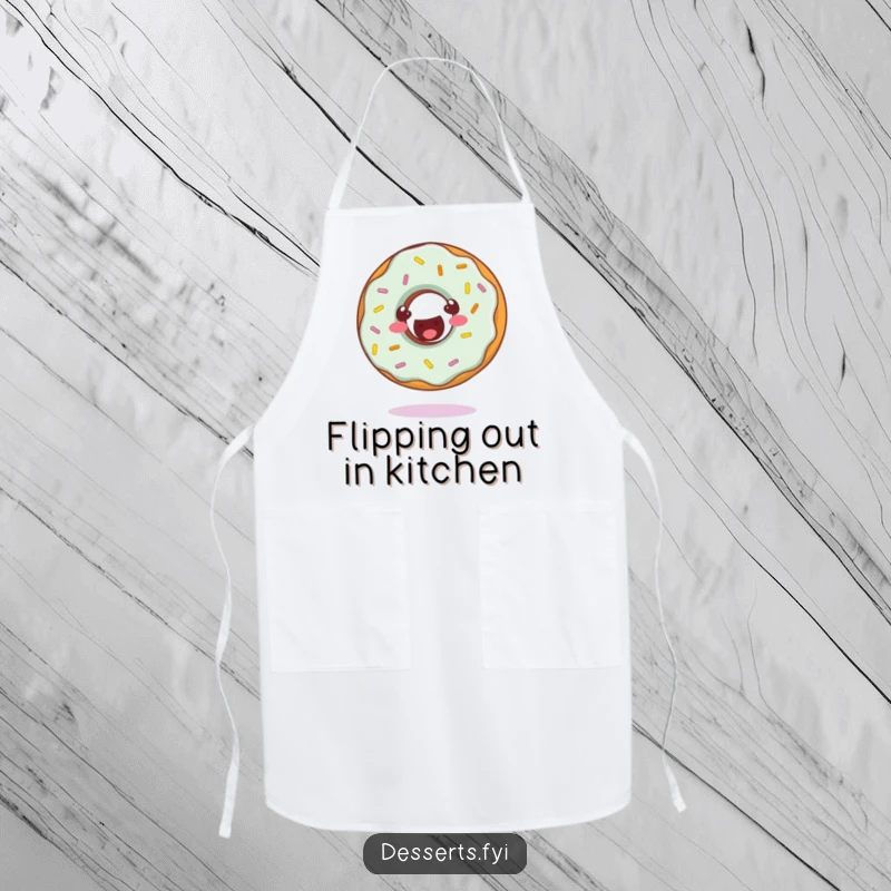 Funny apron featuring a cheerful donut character with sprinkles doing a somersault, symbolizing playful baking.