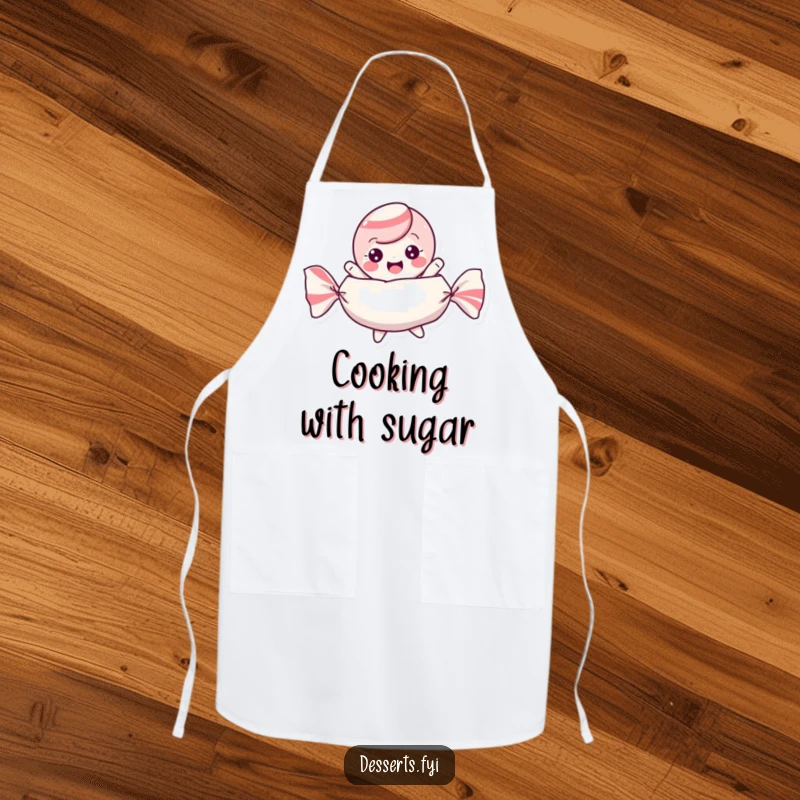Funny apron showing a playful candy character bouncing excitedly inside its wrapper, perfect for sweet baking sessions.