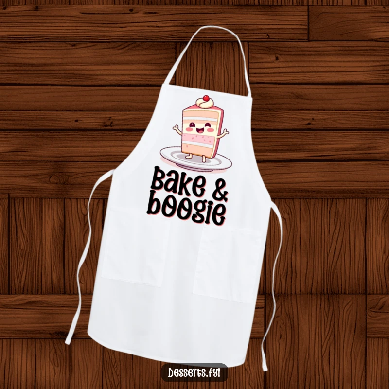 Funny apron showing a smiling slice of cake character doing a little dance on a plate, ideal for kitchen tasks with a dose of sweet humor.