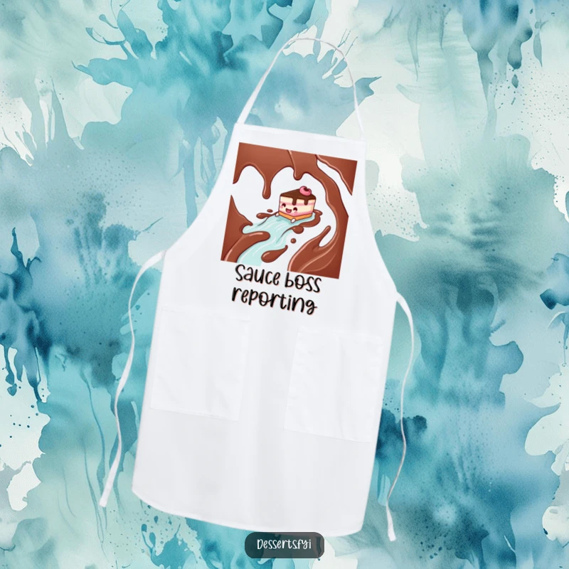 Funny cake character enjoying a slippery slide down a chocolate syrup river on a kitchen apron, a humorous cooking companion.