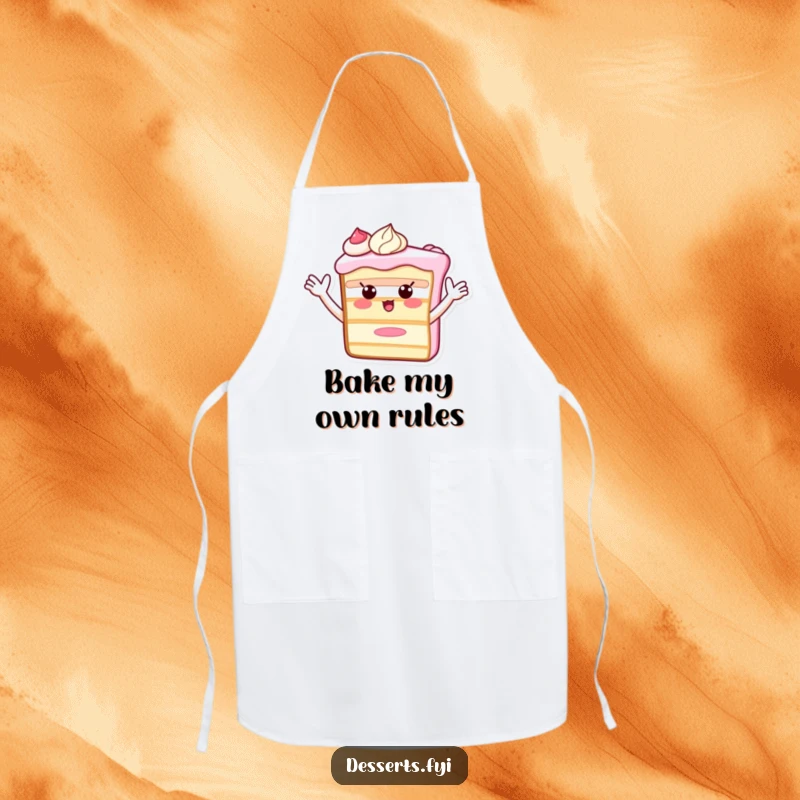 Funny Apron decorated with a smiling cake slice whose frosting arms are enthusiastically waving, perfect for adding humor to cooking and baking.