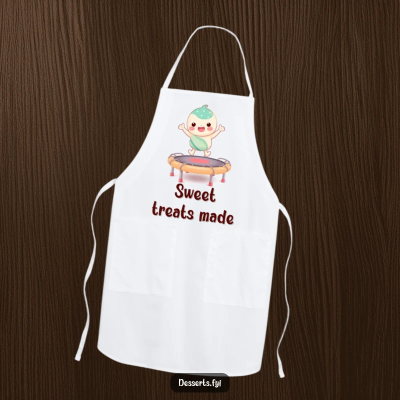 Funny apron depicting a candy character bouncing enthusiastically on a taffy trampoline, ideal for kitchen fun and protection.