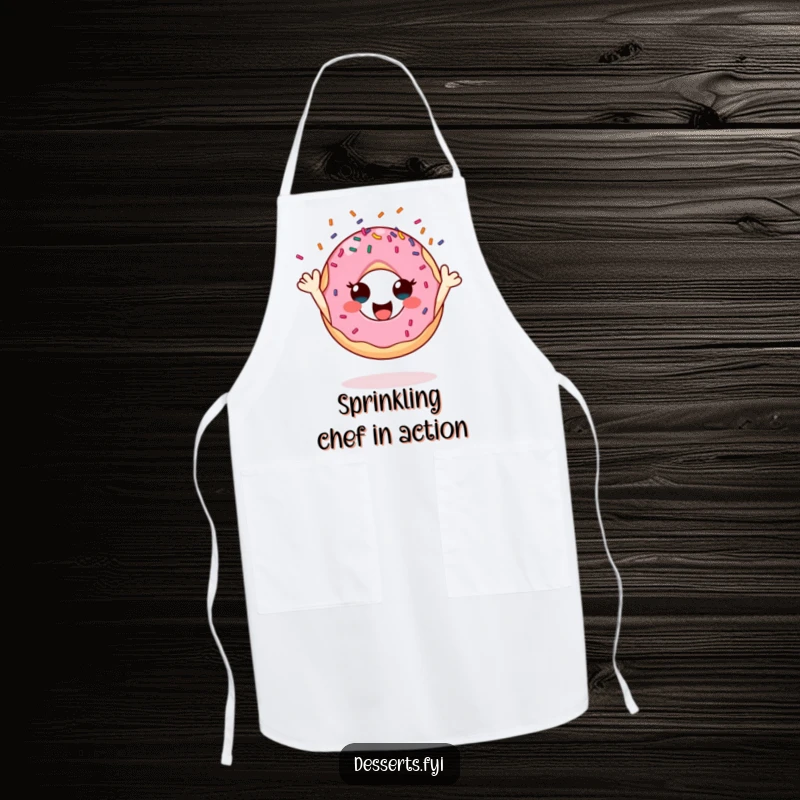 Funny donut apron, a cheerful character mid-action, joyfully tossing sprinkles, perfect for a fun cooking or baking experience.