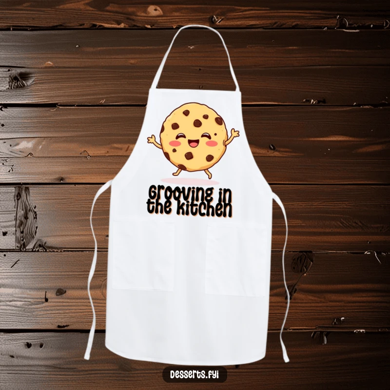 Funny Apron decorated with a joyful cookie character with chocolate chips busting a move, perfect for adding humor to baking sessions.