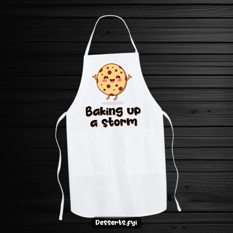 Funny cookie apron showing a happy chocolate chip cookie dancing, perfect for kitchen fun and protecting clothes with humor.