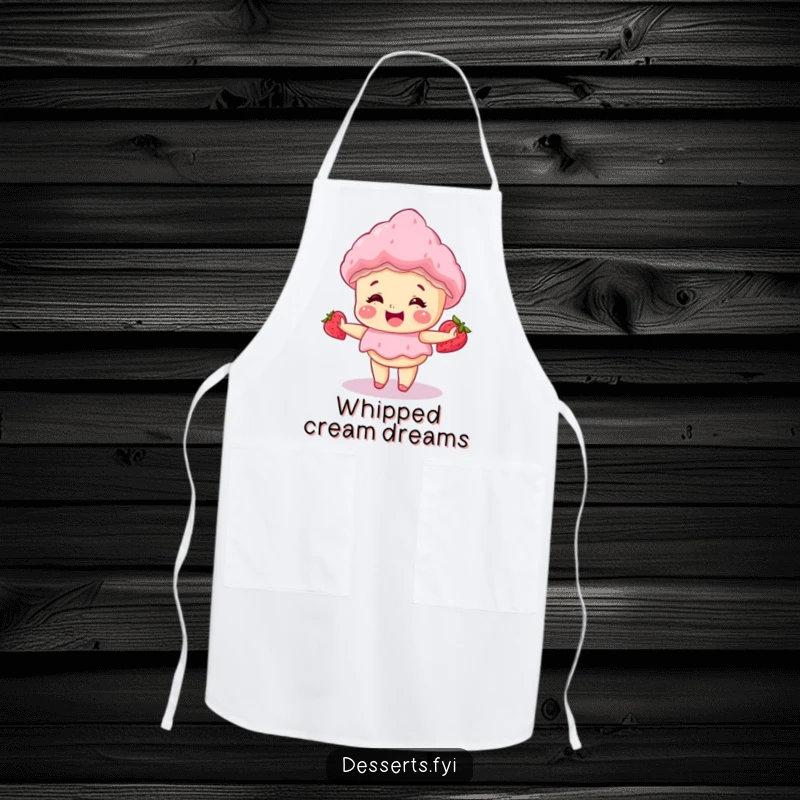 Funny apron depicting a giggling strawberry shortcake doing a happy little spin, perfect for sweet baking and kitchen humor.