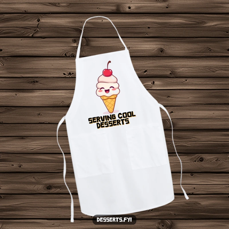 Funny ice cream cone apron, a dessert with a cherry on top giggling and bouncing with delight, ideal for kitchen tasks with a humorous sweet theme.