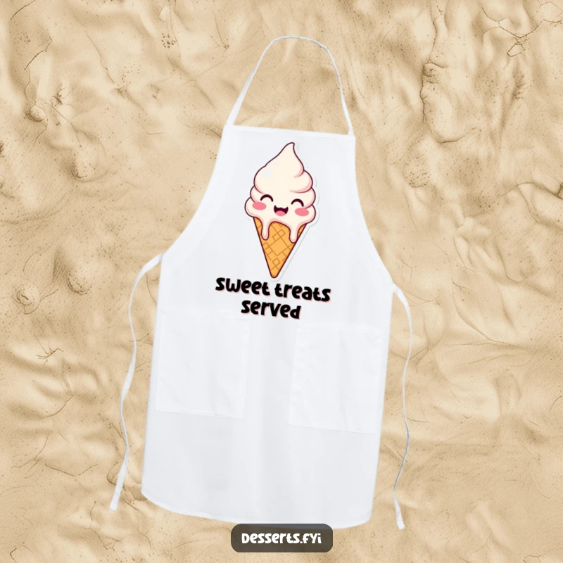 Funny apron with a happy ice cream cone character melting slightly, ideal for kitchen use and adding sweet, joyful flair.