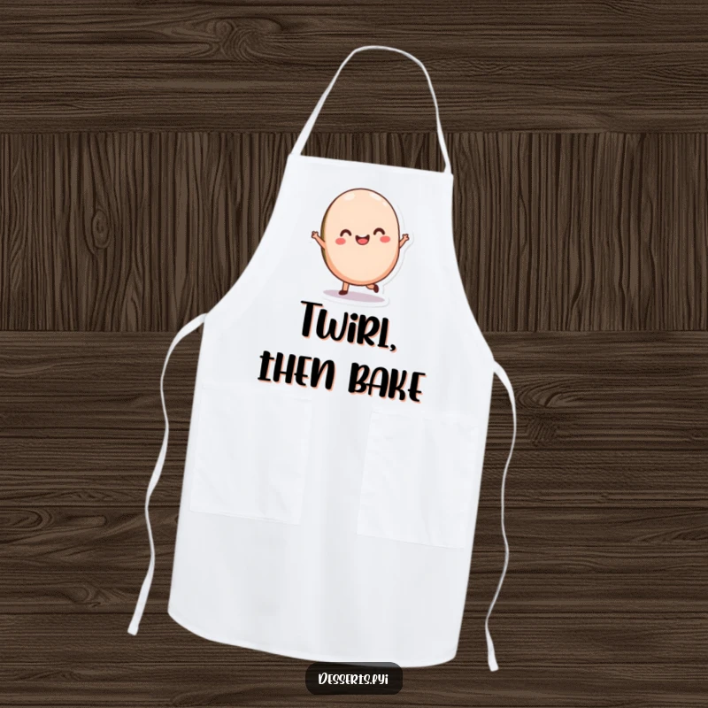 Funny Macaron Baker Apron showcasing a delighted character twirling, perfect for adding Parisian flair and sweet humor while cooking.
