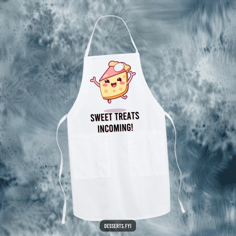 Funny apron adorned with a cheerful slice of pie leaping energetically, bringing fun to any culinary adventure. Ideal for home cooks who enjoy humor.