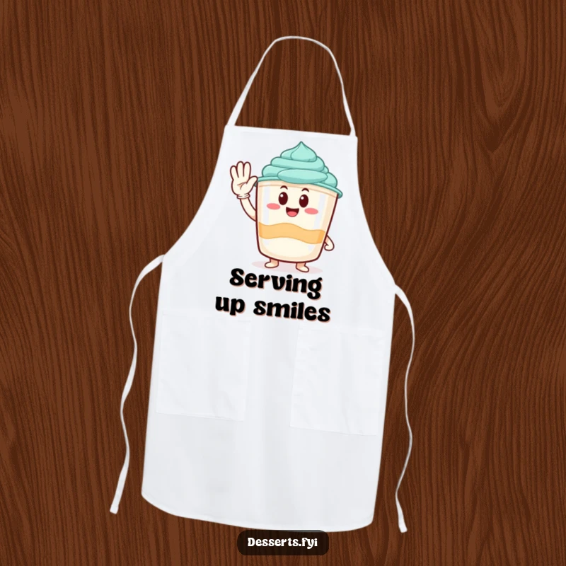 Funny apron showcasing a cheerful pudding cup character giving a friendly salute, perfect for kitchen fun and dessert making.