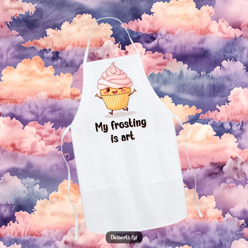 Funny apron showing a smiling cupcake with tiny legs happily skipping, frosting adorning its head.
