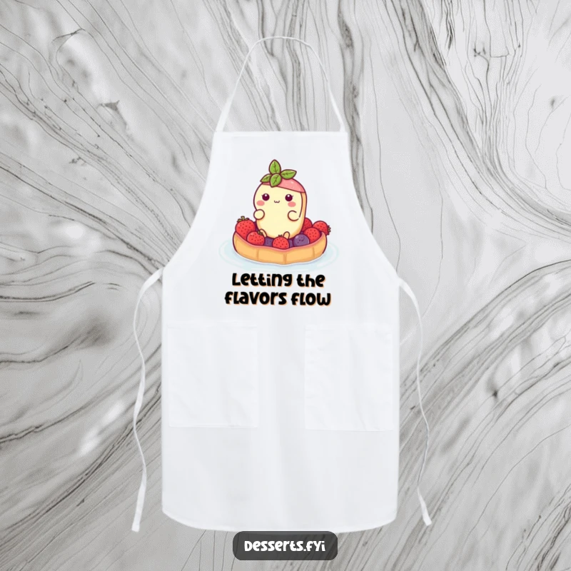 Funny apron showing a buoyant tart character floating on a berry raft, bringing sweet humor and adventure to kitchen tasks.