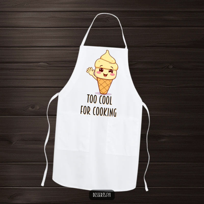 Funny kitchen apron with a smiling ice cream cone character waving, designed for cooks who want to add a cool and humorous flair.