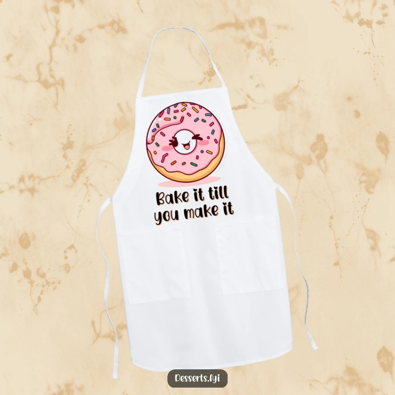 Funny kitchen apron featuring a playful, winking donut character with sprinkles, designed for cooks who love to add humor to their meals.