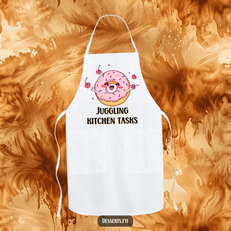 Funny donut character with a huge grin, juggling sprinkles and cherries on a kitchen apron, ideal for a humorous cook.