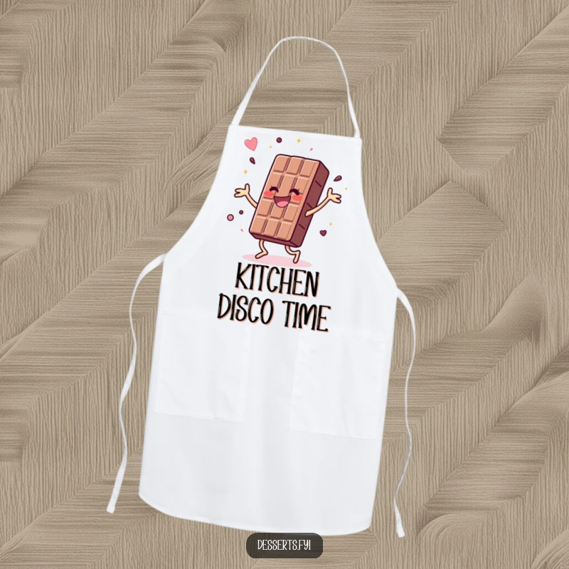Funny apron featuring a joyful chocolate bar doing a vibrant, energetic dance, perfect for adding sweet energy and fun to any kitchen activity.