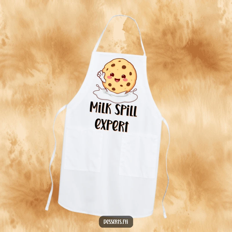 Funny Apron: A happy cookie character waves from a milk puddle, perfect for humorous baking and kitchen fun.