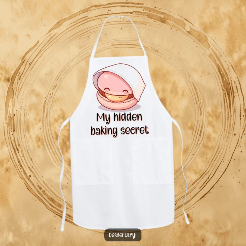 Funny chef apron with a curious macaron peeking from under a napkin, ready to add a sweet touch to cooking, ideal for bakers.