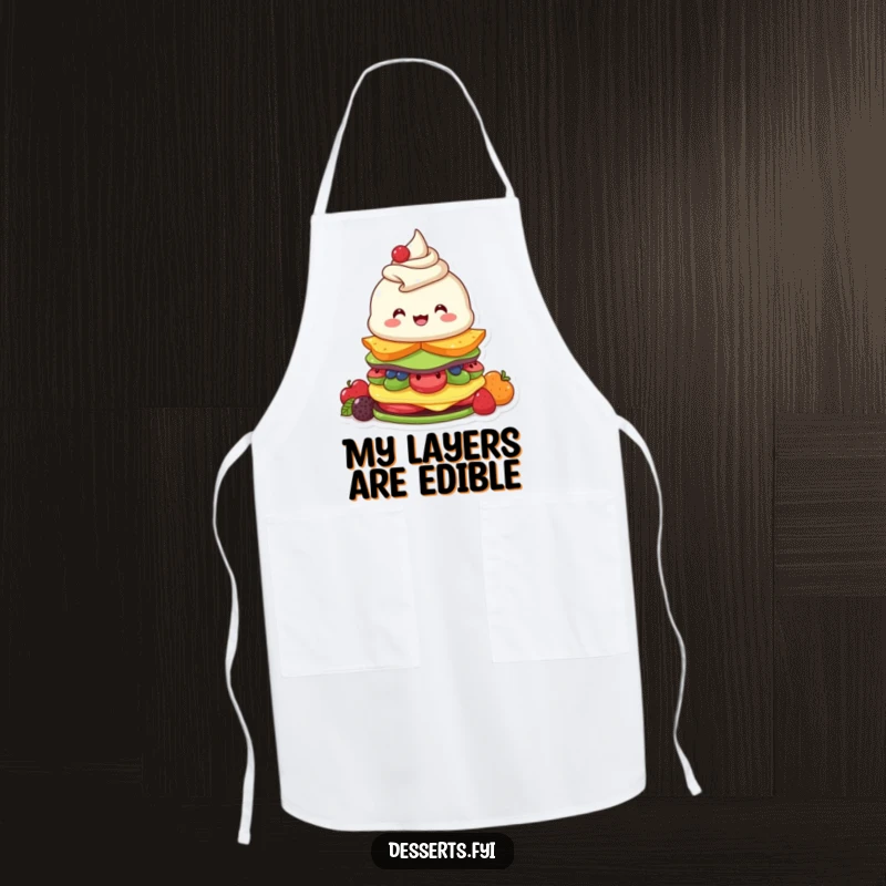 Funny apron featuring a beaming parfait character energetically assembling a fruity dessert, ideal for kitchen fun and meal prep.