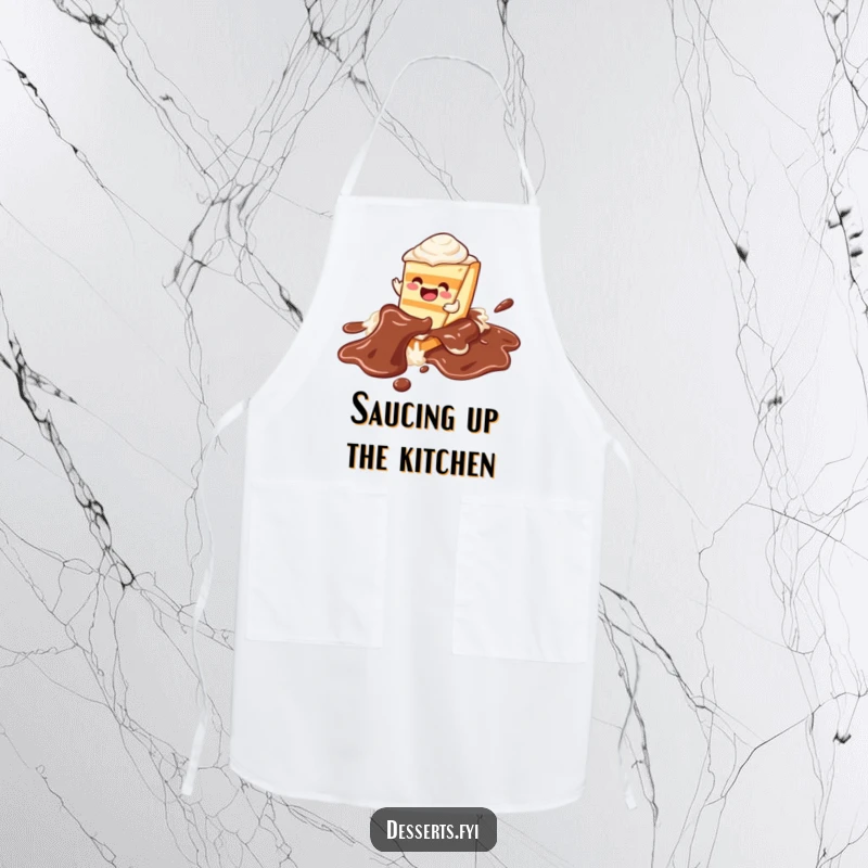 Funny cake apron, a character in a joyful slide down a chocolate syrup river, perfect for a fun baking experience.