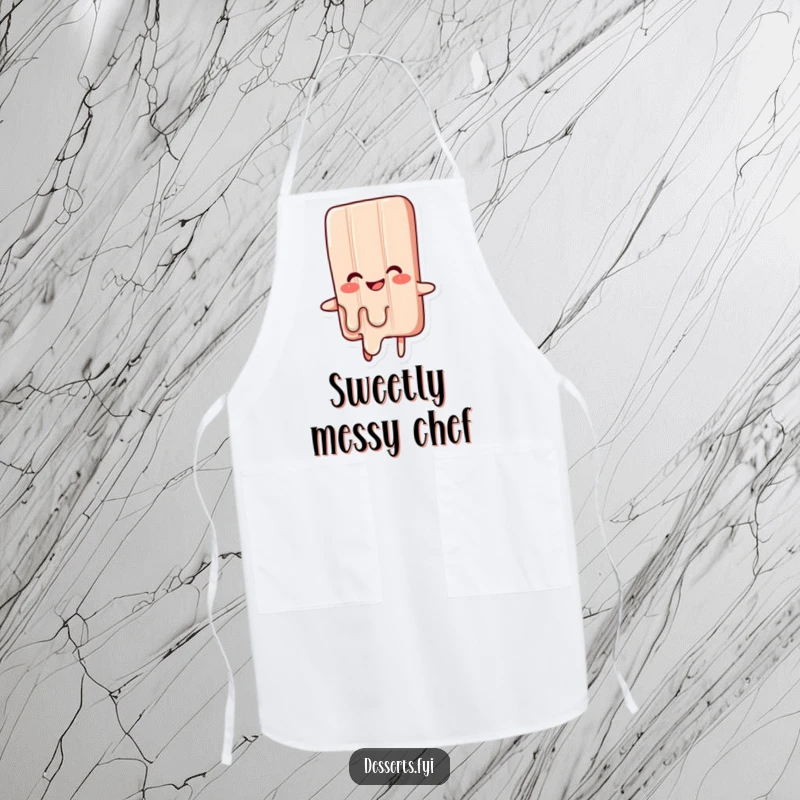 Funny apron showcasing a happy candy bar character melting with glee, ideal for chefs who love to cook with sweetness and humor.