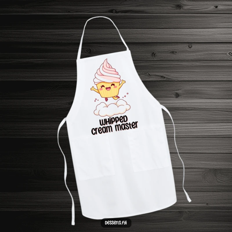 Funny Apron: A cheerful cupcake character joyfully leaps into whipped cream, perfect for baking.