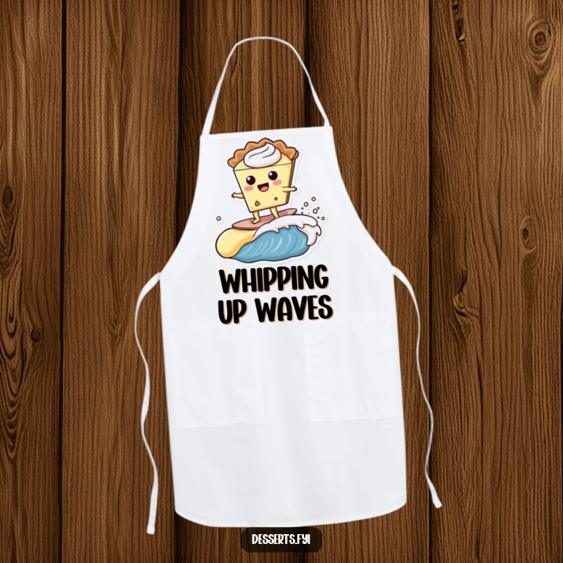 Funny happy slice of pie character surfing a creamy custard wave on a kitchen apron, a humorous and practical cooking companion.