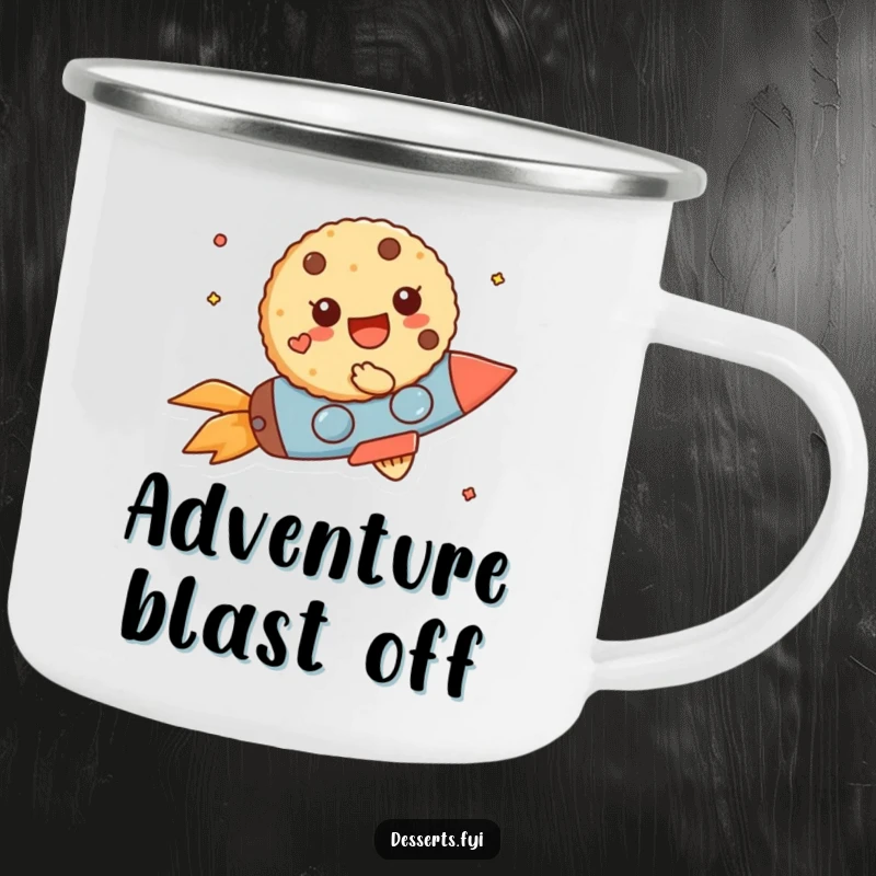 Funny Camping Mug: A cheerful cookie zooms on a tiny rocket, ideal for adventurous sips outdoors.