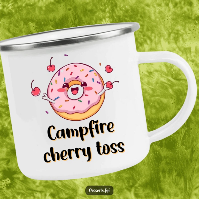 Funny donut character with a happy grin, juggling sprinkles and cherries on a durable camping mug, ready for outdoor laughs.
