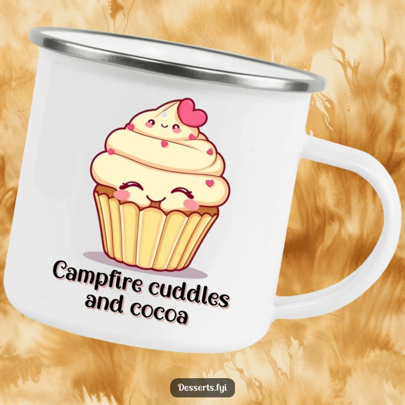 Funny camping mug with a smiling cupcake character enjoying a self-hug, rugged yet delightfully sweet.