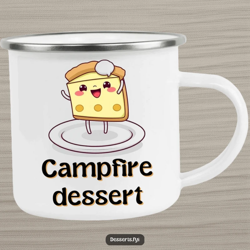 Funny Camping Mug: A playful pie slice cheerfully does a cartwheel across a plate, perfect for energetic outdoor sipping.