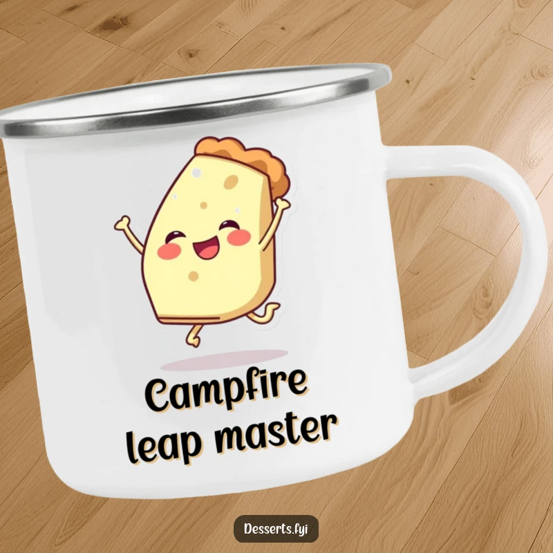Funny camping mug featuring a cheerful slice of pie character mid-leap, ideal for outdoor enthusiasts who love sweets and humor.