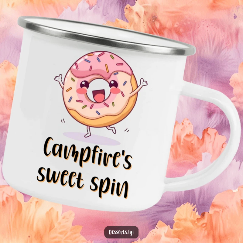 Funny donut camping mug, a cheerful dessert with sprinkles doing a joyful cartwheel with glee, perfect for outdoor adventures with a humorous sweet touch.