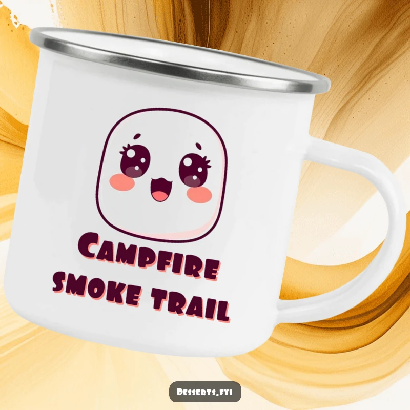 Funny camping mug featuring a surprised marshmallow floating upwards with wide, happy eyes, perfect for enjoying drinks during outdoor adventures with a touch of whimsy.
