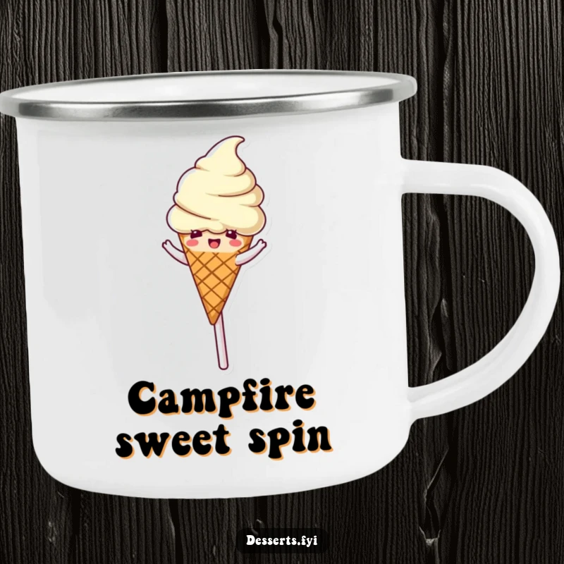 Funny Camping Mug: A delighted ice cream cone spins on a lollipop, ideal for sweet sips outdoors.