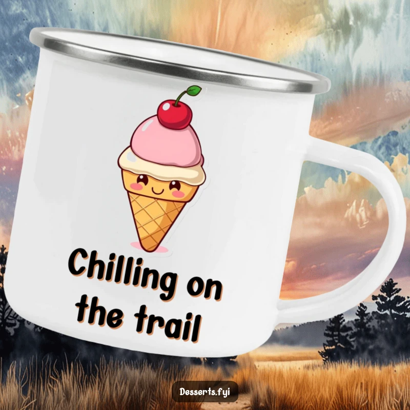 Funny Camping Mug: A smiling ice cream cone character balances a cherry on its head, offering sweet humor for outdoor enjoyment.