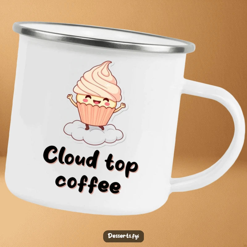 Funny Camping Mug: A smiling cupcake character dances joyfully on a whipped cream cloud, perfect for sweet and humorous sips.