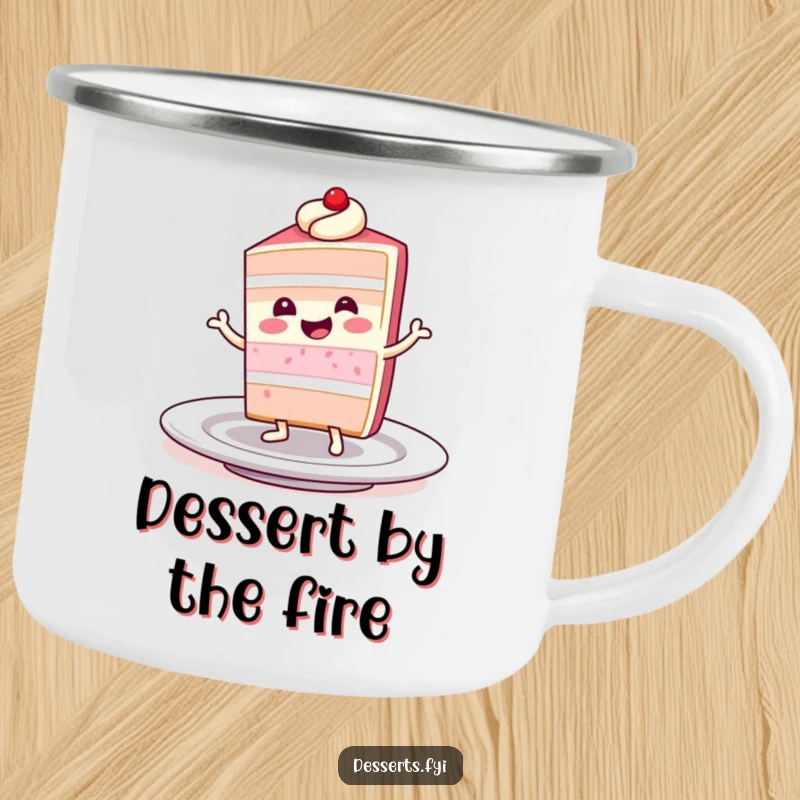 Funny camping mug illustrating a smiling slice of cake character doing a little dance on a plate, perfect for campfire sweetness and humor.